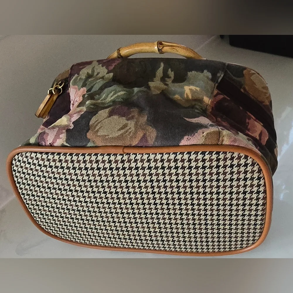 Vtg Avon Autumn Rose Floral‎ Houndstooth Canvas Bamboo Makeup Bag Accessory Set